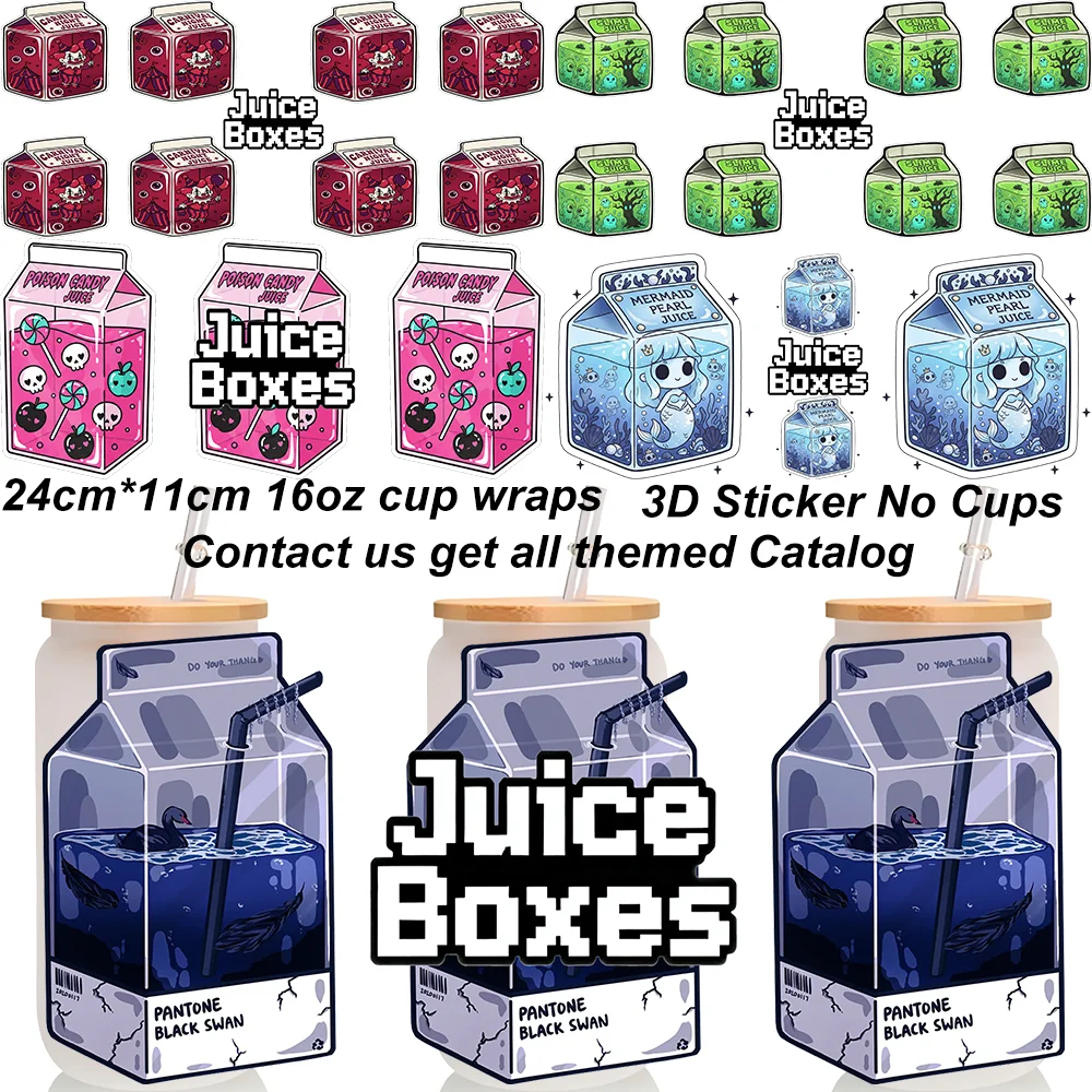 16oz 3D Juice Box Cup Wrap Stickers Spooky Cute Waterproof DIY Decals Glass Can Tumbler Halloween Mermaid Pumpkin UV DTF Decor