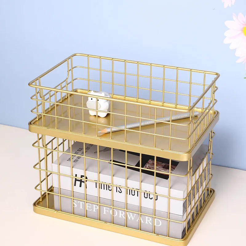 

Nordic Golden Ironwork Storage Baskets Desk Sundries Bathroom Cosmetics Skin Care Products Organizer Boxes Stable Containers