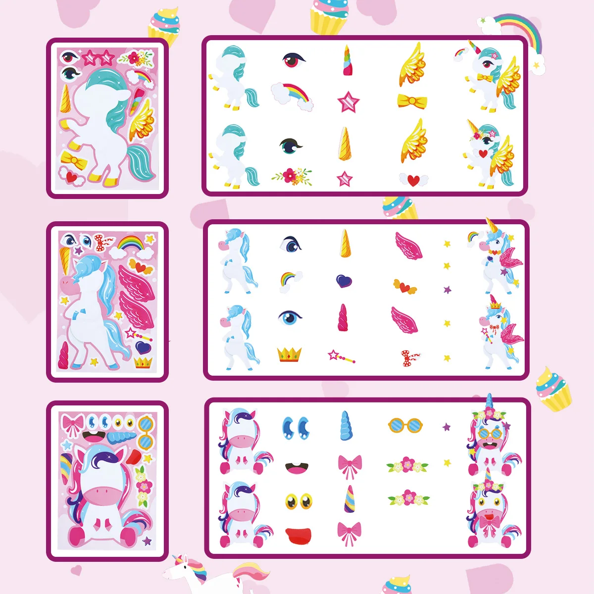 12 ورقة قوس قزح الحصان الأطفال DIY لغز ملصق ألعاب يونيكورن حفلة عيد ميلاد جعل وجه مضحك تجميع بانوراما ملصقات الهدايا