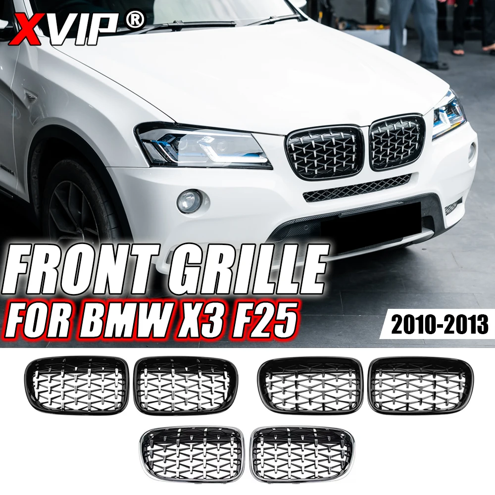 XVIP Chrome Silver Diamonds Front Bumper Hood Grilles For BMW X3 F25 2010-2013 Single And Double Line Style Upper Racing Grills