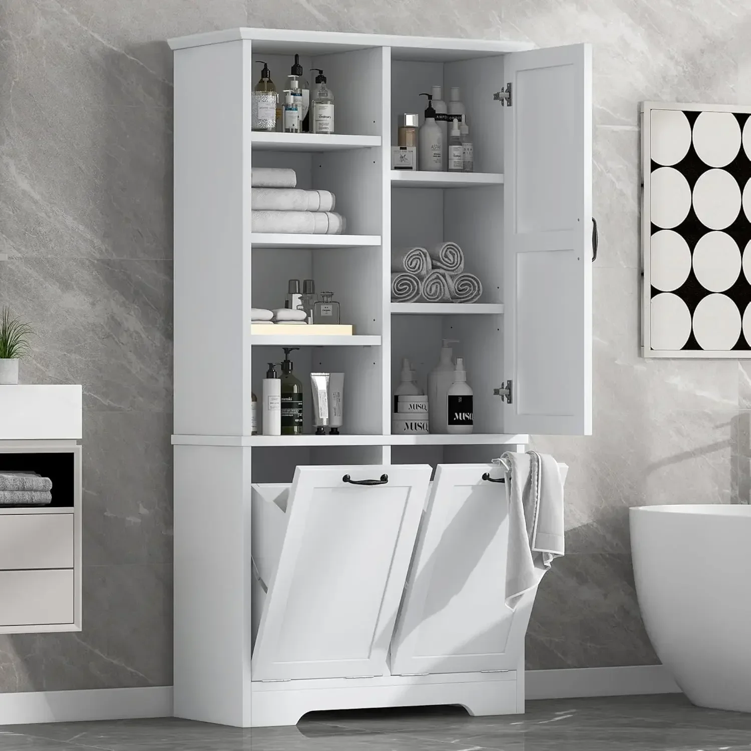 68” Tall Bathroom Storage Cabinet with 2 Tilt Out Laundry Hamper, Freestanding Bathroom Storage Cabinet with Door and Adjustable