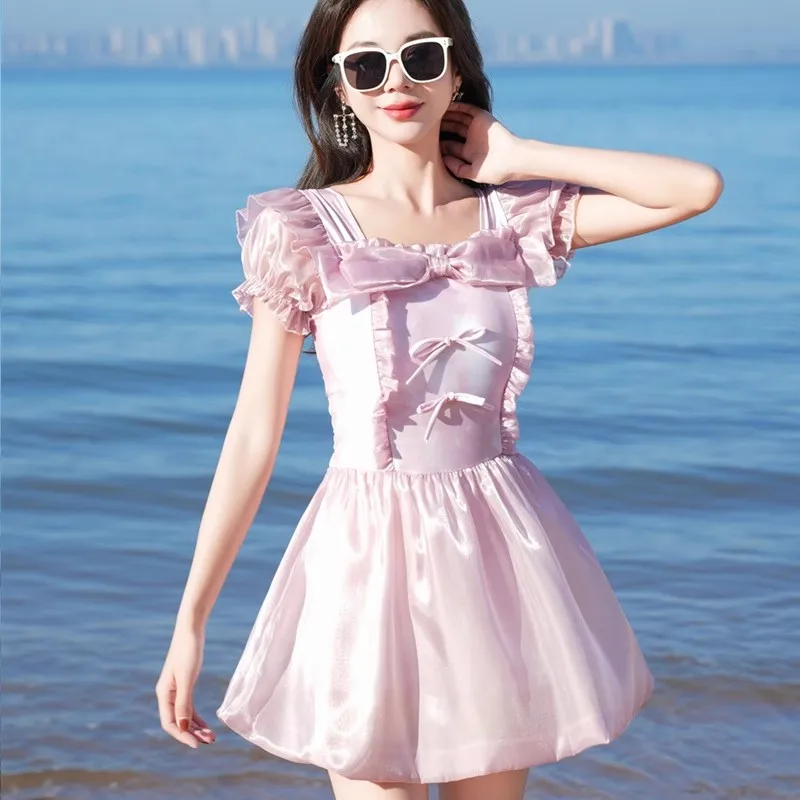 Traje de baño bonito estilo falda de pastel púrpura Pricess de Lolita para mujer, traje de baño de una pieza, trajes de baño, vestido de playa para nadar