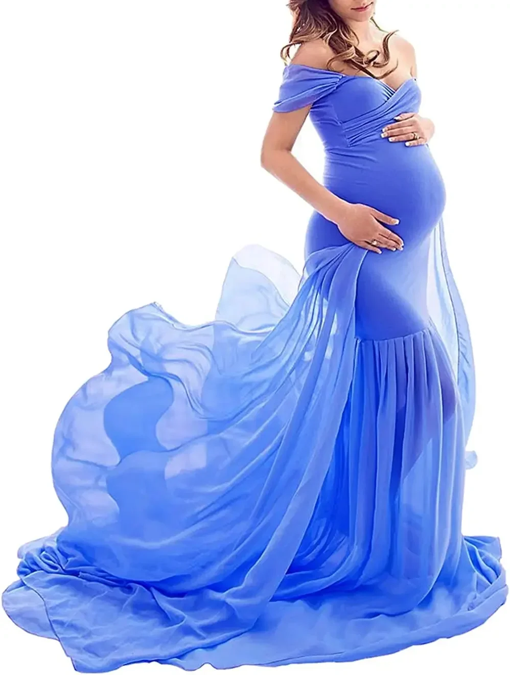 Maternity Chiffon Mermaid Gown Off Shoulder Dropped Sleeve Fitted Photo Shoot Photography Dress