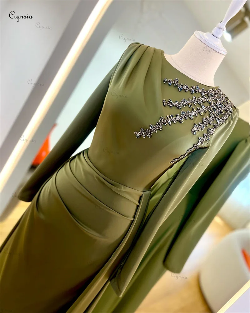 Ciynsia Elegant Muslim Formal Occasion Dresses for Women Champagne Satin Beaded Long Sleeve Evening Gown Mermaid Robes De Soirée