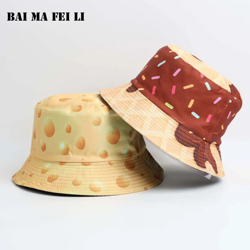 Summer Double Sided Cheese Print Bucket Hat Foldable Sun Hat Versatile Portable Outdoor Travel Fisherman Cap