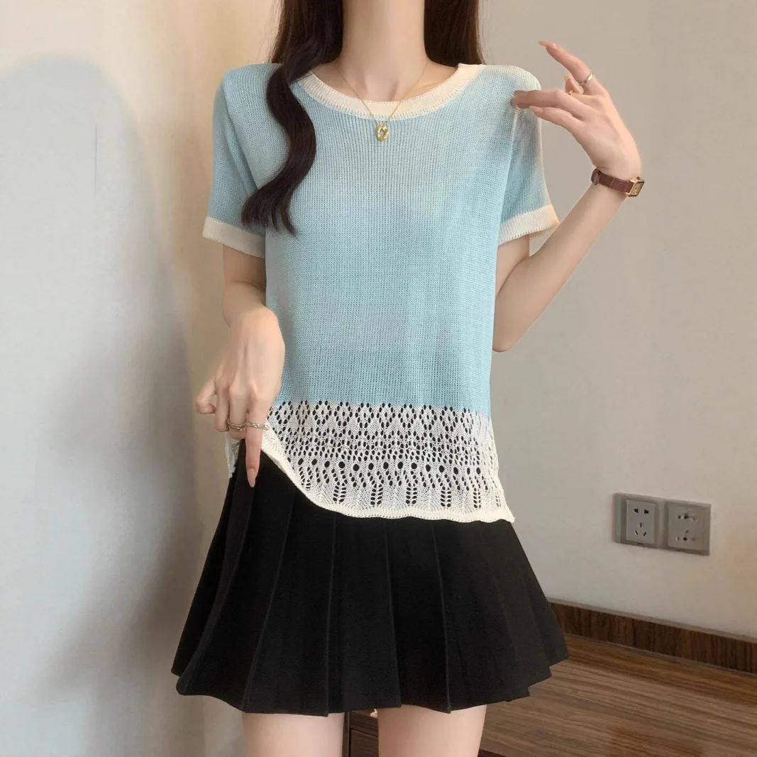 Fashion Color Blocked Lace T-shirt Women Casual Loose Knitted Hollow Out Short Sleeve Top Blouse