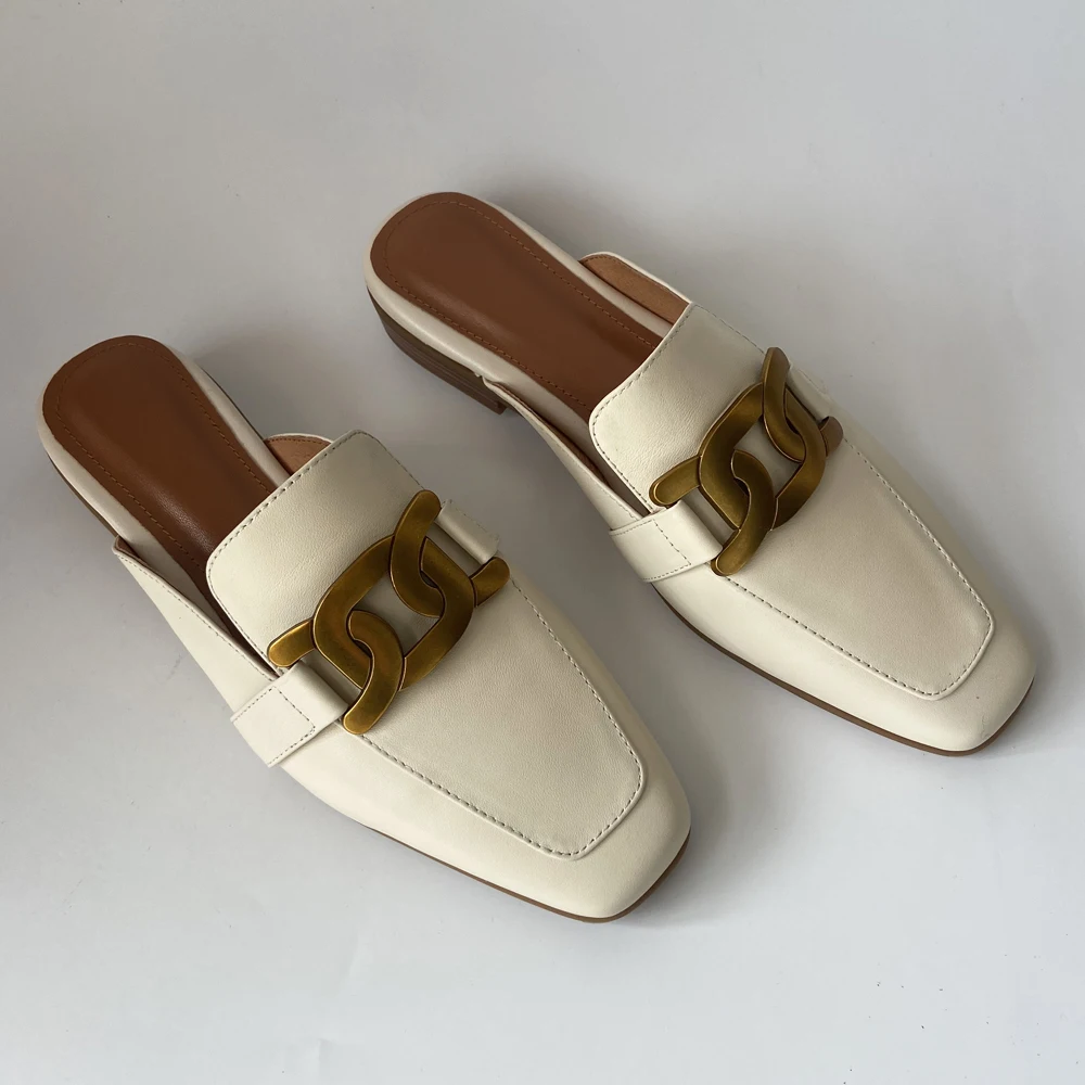 New Fashion Women Sandals Girls Genuine Leather Mules Low Heels Summer Shoes Square Toe Loafers White Brown Ladies Flats Slipper