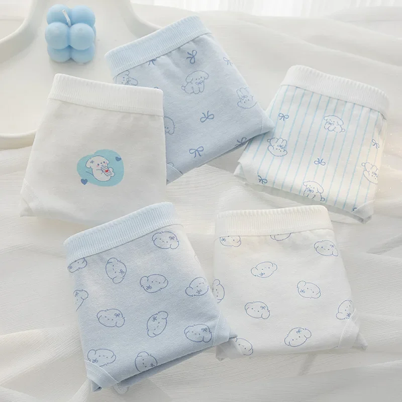 Blue Dog Patterned Cartoon Cute Underwear for Women Soft Cotton Breathable Student Panties Mid Waist Traceless Briefs Lingerie