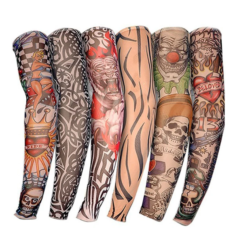 1PCS Men Long Fake Warmers Summer Tattoo Sleeves Sun Protection Cover Outdoor Gloves Driving Ice Silk Arm Sleeves Women