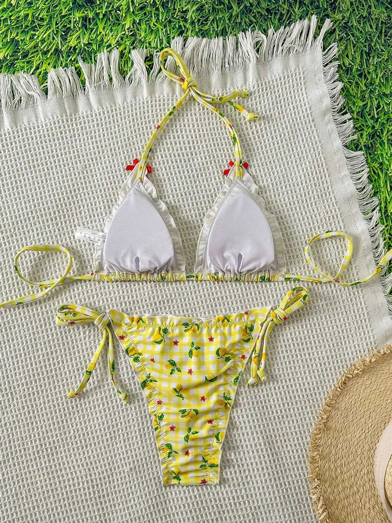 sexy yellow lemon plaid bow tie micro bikinis sets two pieces thong swimsuits bathing suit swimwear biquini tankini trikini