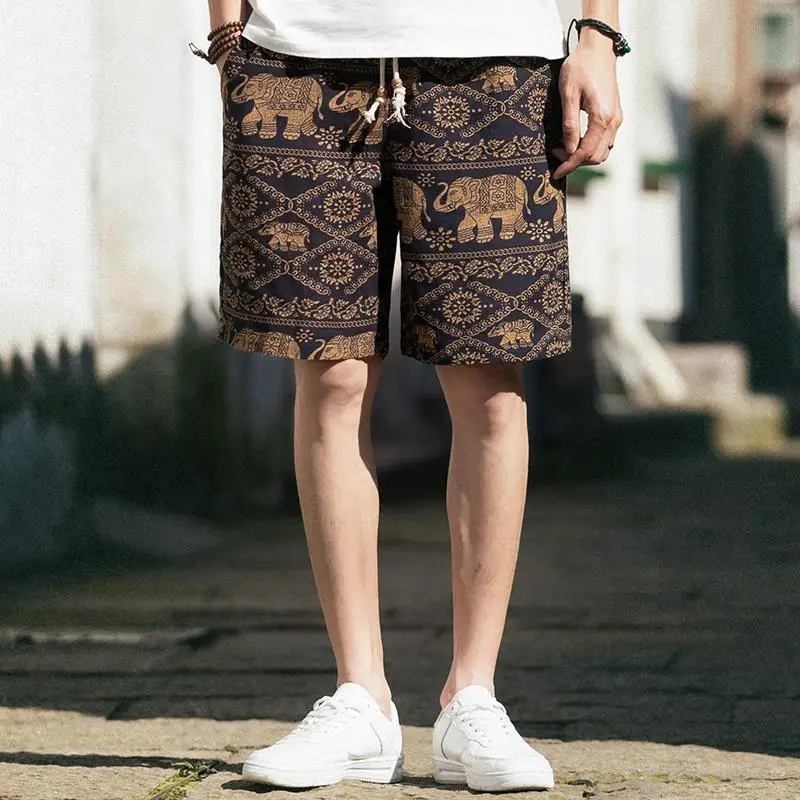 Cotton Linen Men\'s Shorts New in Pant Graphic Elastic Male Short Pants with Ice Drawstring Personalizate Printed Stylish Floral