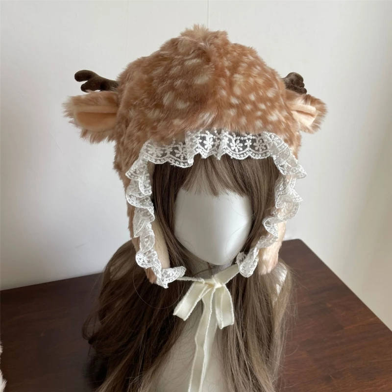 Cartoon Head Wrap Furry Deer Hat Soft Thicken Leg Warmer for Women Winter Outdoor Wear Lace Brim Holiday Party Photo Props