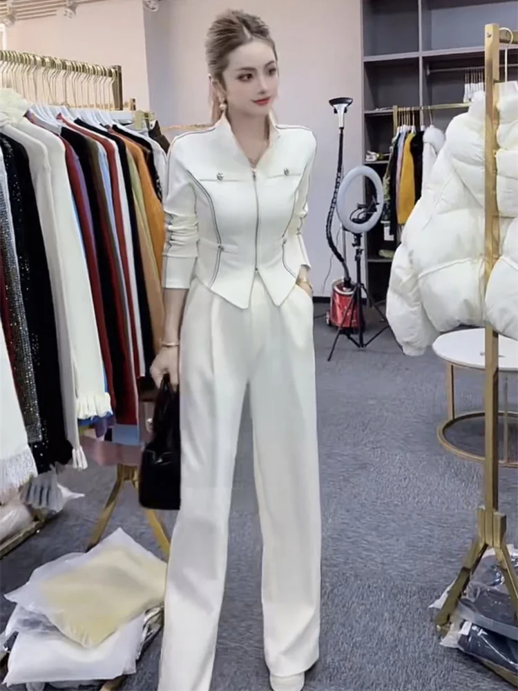 

Осень 2023, новый модный и универсальный комплект для похудения, темпераментный дизайн, топ на молнии + прямые брюки для женщин