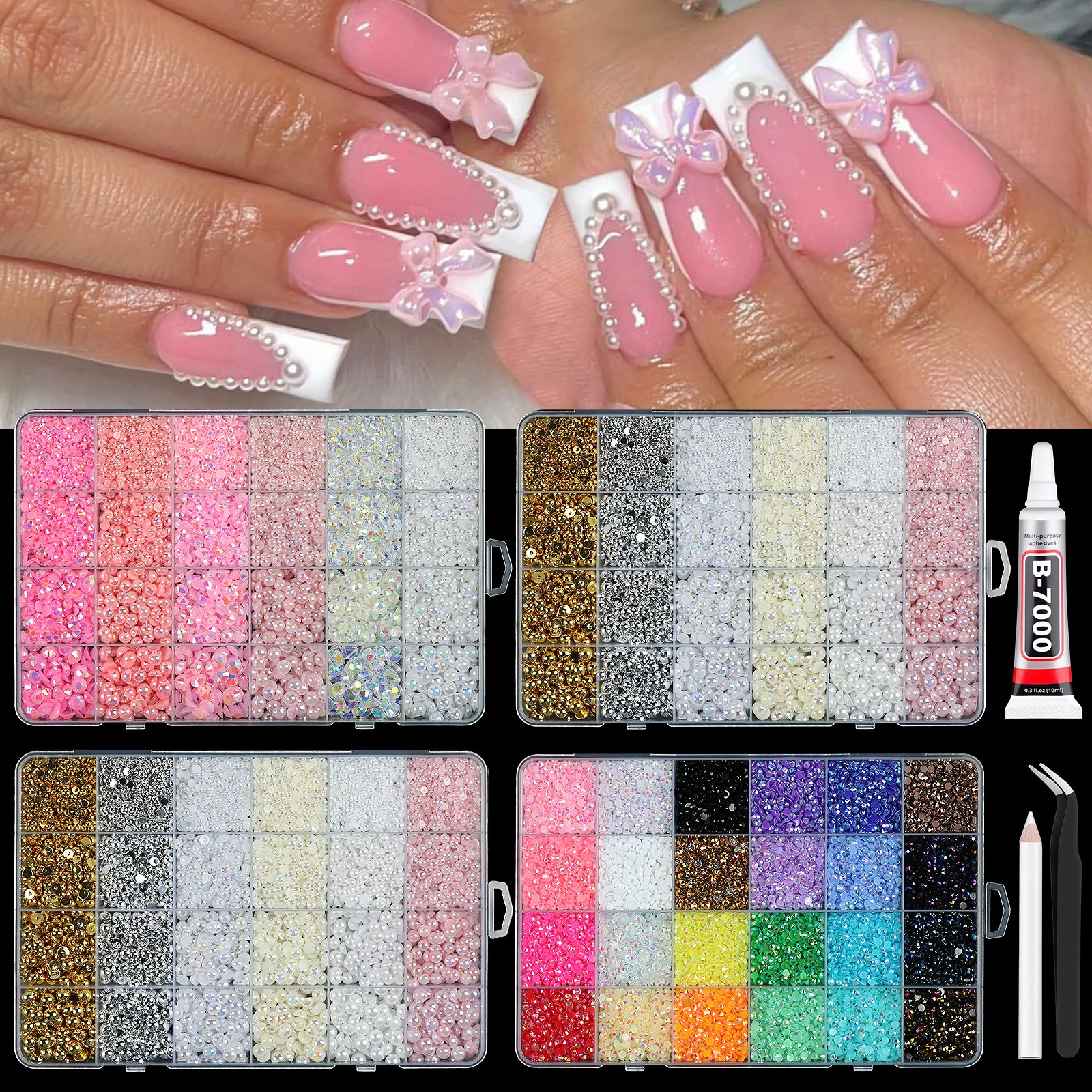 Whole Box Nail Art Decor Set Pearls Resin Flat Back Rhinestones Single Cell Pack DIY Nail Charms Manicure Jewelry Accessories