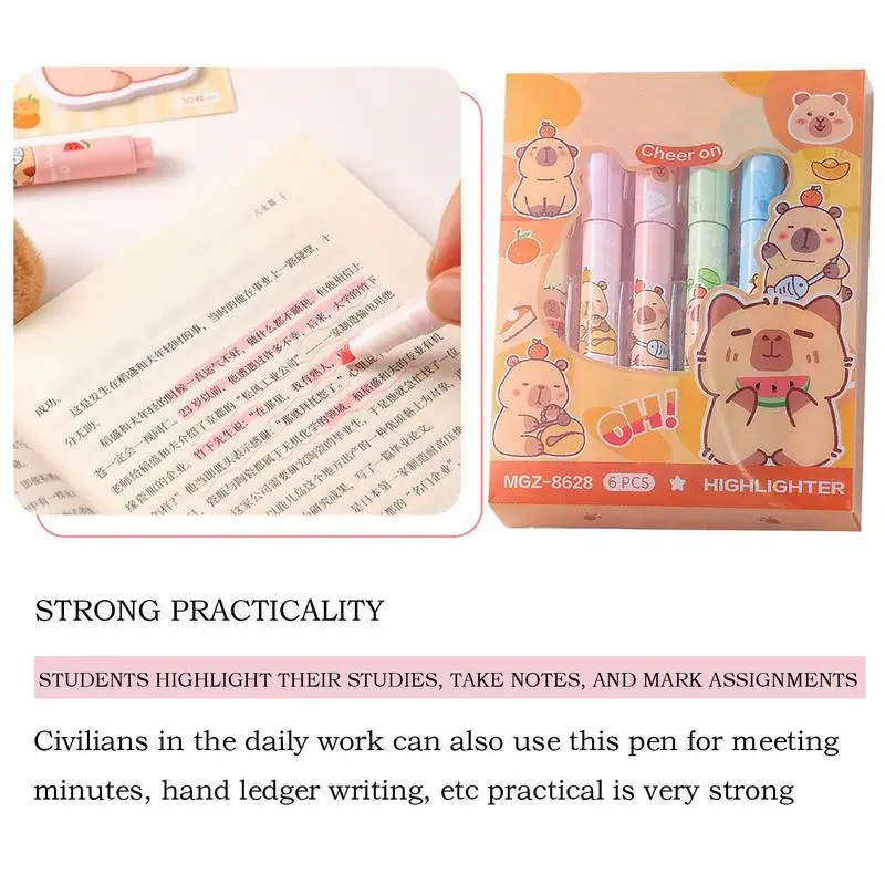 قلم تحديد كارتوني للأطفال، مجموعة أقلام تحديد كابيبارا الجمالية مكونة من 6 أطراف إزميل، ألوان متنوعة، مستلزمات مدرسية