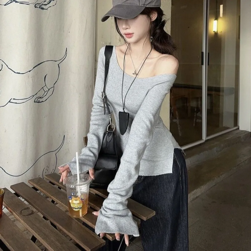 

Casual Off shoulder Long sleeve T shirt Cropped Design Knitted One Shoulder Top Side Slit Slim Fit Pullovers