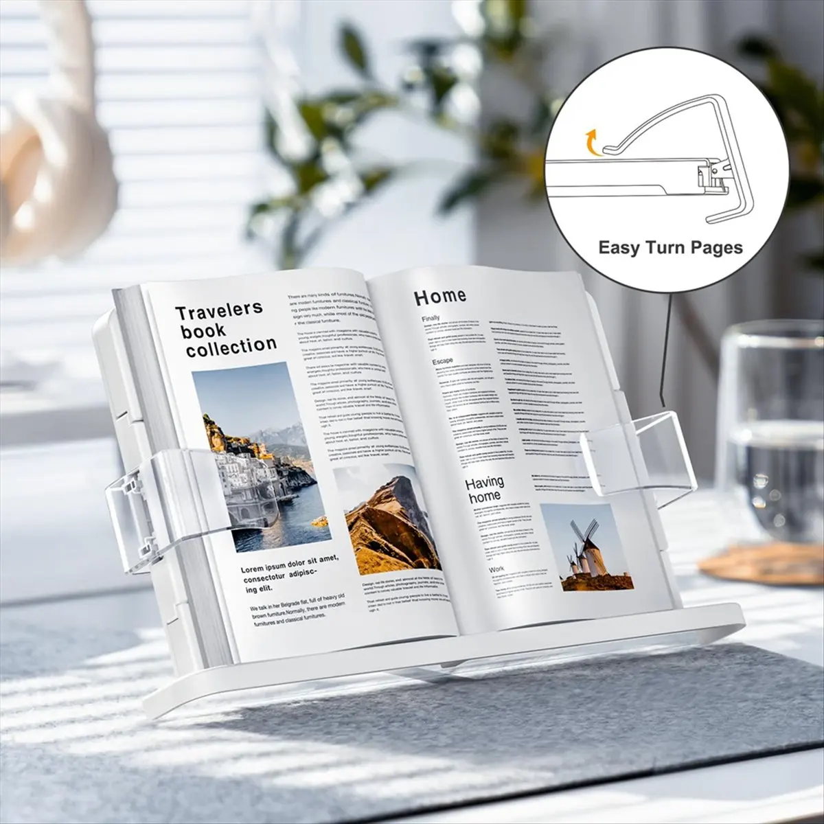 Eco-friendly Hands-Free Book Stand - Adjustable, Expandable Holder for Comfortable Reading - 90° Angle, Transparent Page Clips