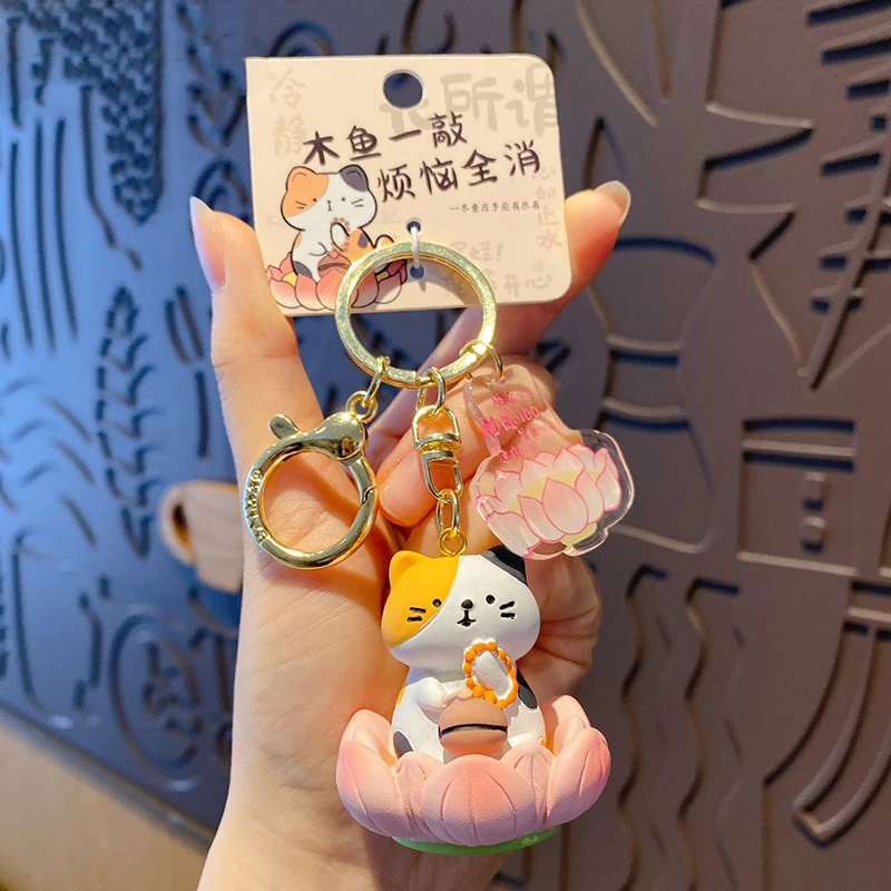 Original Buddhata Good Luck Lotus Seat Prayer Wooden Fish Three Flower Cat Keychain Cute Buddha Bead Otter Capybara Doll Keyring