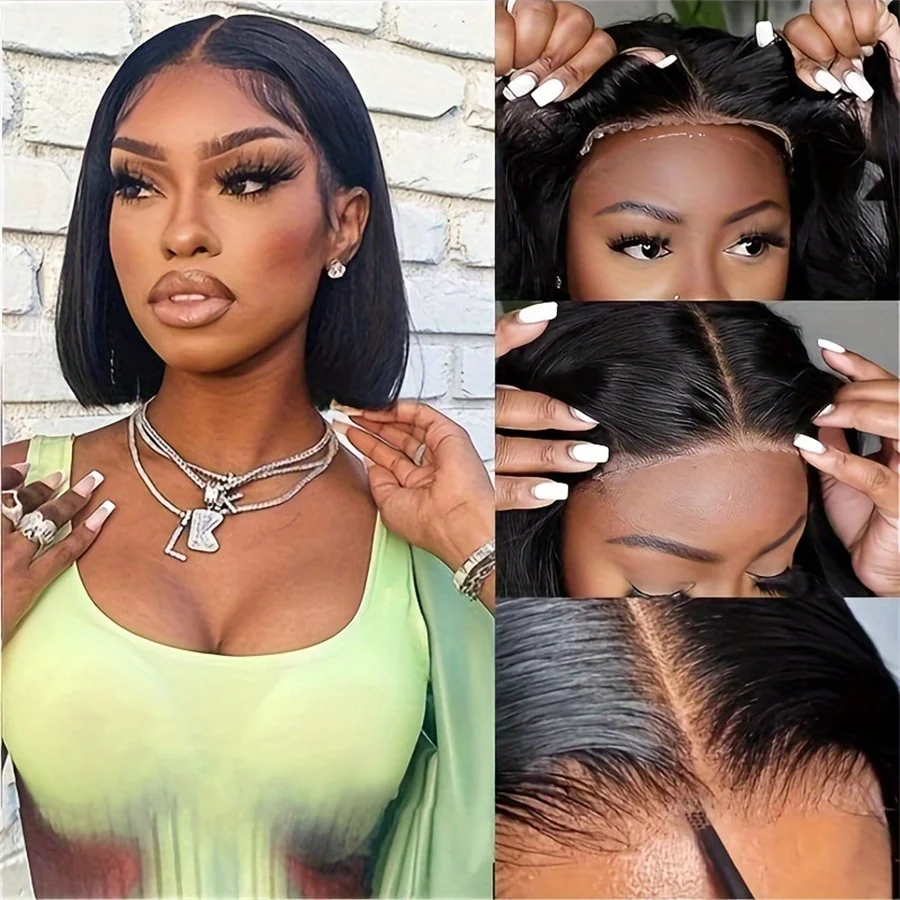 

natural black color 150% density 13x4 frontal lace bob human hair 10-16inch short straight human hair wig for women remy hair