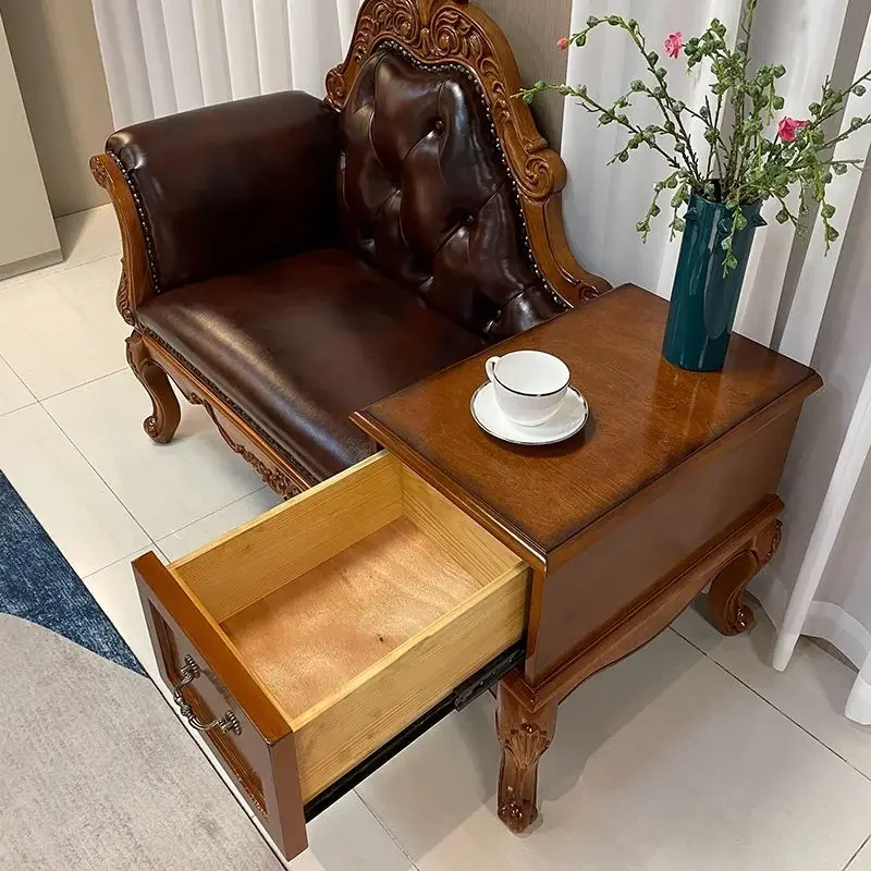 Solid Wood Chaise Lounge Chair, European Style Single Recliner for Living Room & Balcony, Classic Leisure Seat