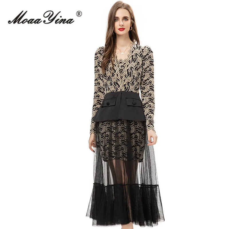 

MoaaYina Autumn Fashion Runway Vintage Velvet Spliced Dress Women V Neck Long SLeeve Button Pockets Mesh Ruffles Slim Long Dress