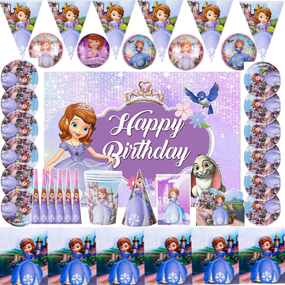 

Disney Cartoon Sofia Princess Disposable Paper Cups Plates Napkins Banner Tablecloth Baby Shower Birthday Party Decor Supplies