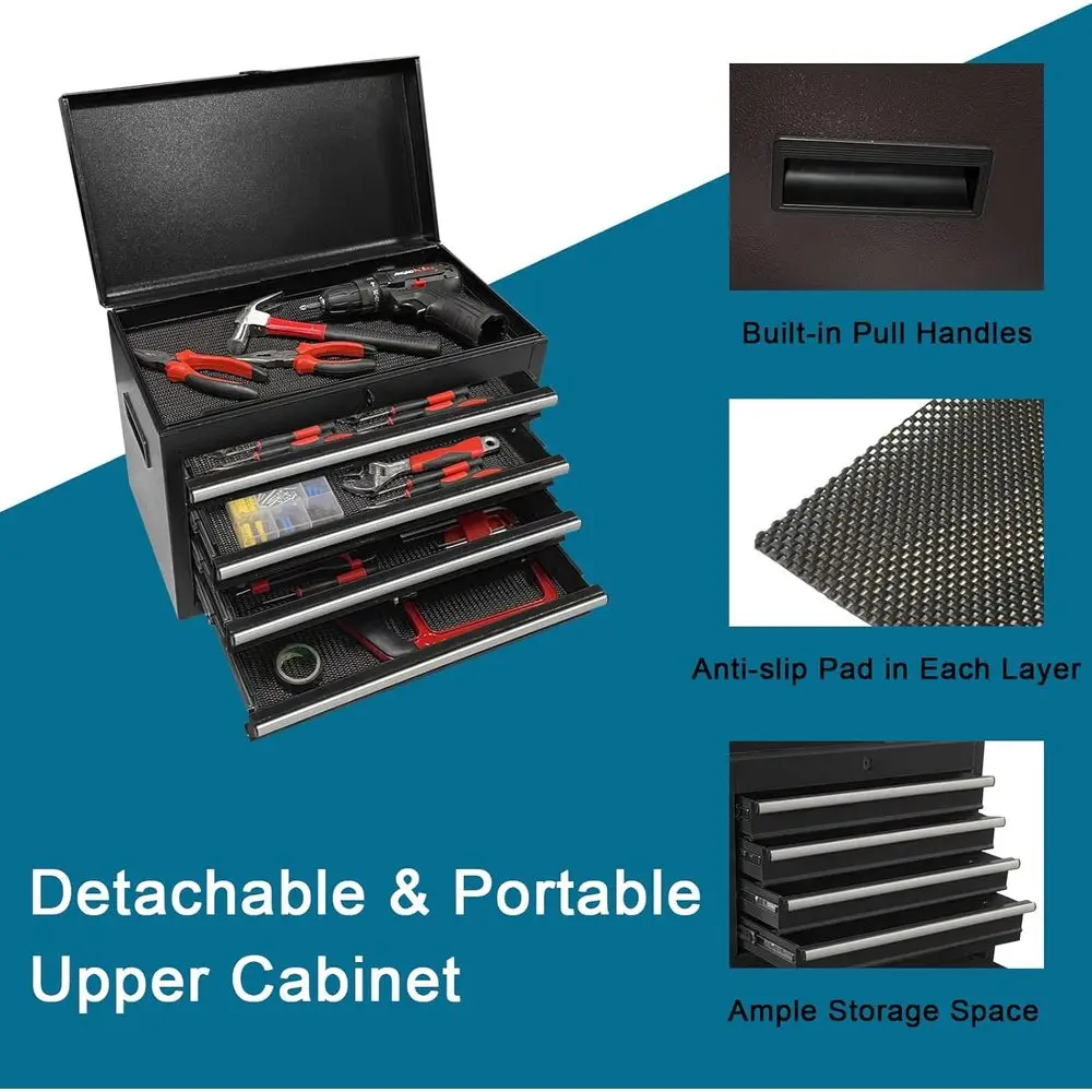 5 Drawer Rolling Tool Chest with Detachable Workbench, Lockable, for Garage, Workshop, Auto Repair - Black