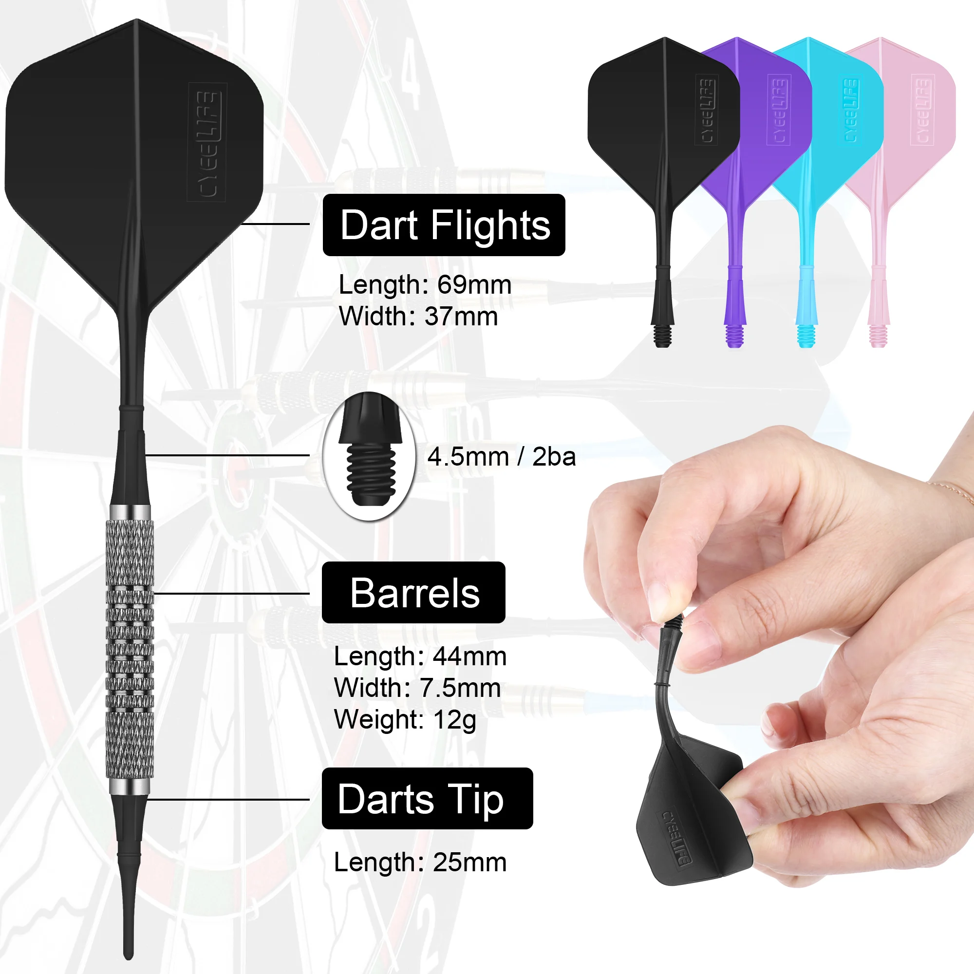 CyeeLife 12/14g Soft tip darts set 12 Packs with 4 Colors one piece Flights,100 plastic points