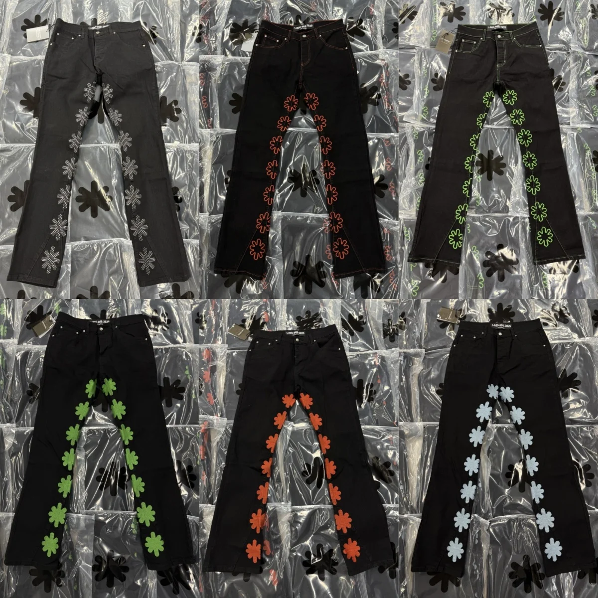 

25fw Men Women Unisex Fashion Jeans LOSTSHDWS Jeans Micro Flare Jeans Emboridery Sunflower Denim Pants With Tags and Label