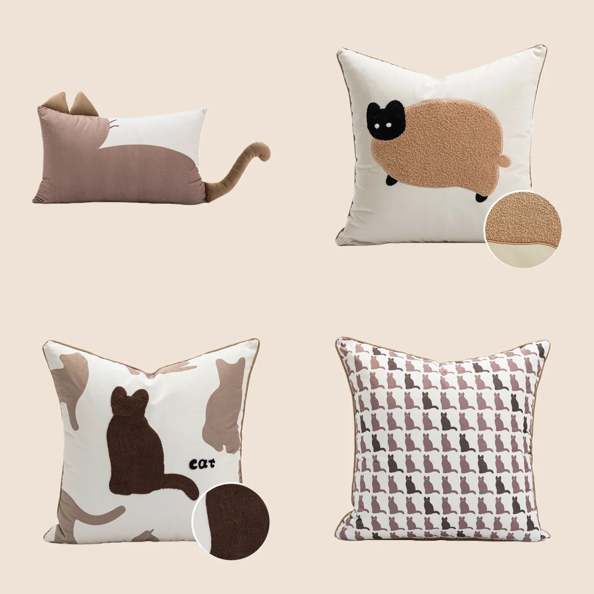 Creamy Coffee Cat-Pattern Pillow Cover Applique Embroidered Lumbar Pillowcase Sofa Back Cushion Cover