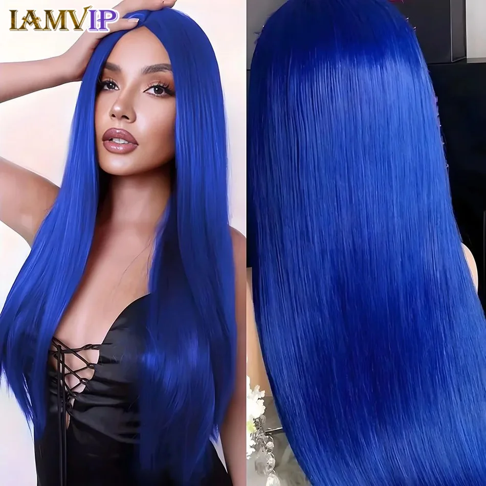 

Pure Blue Straight 250% 36 Inch 13x6 Lace Frontal 13x4 Lace Front Human Hair Wigs Pre-plucked Blue Colored Body Wave