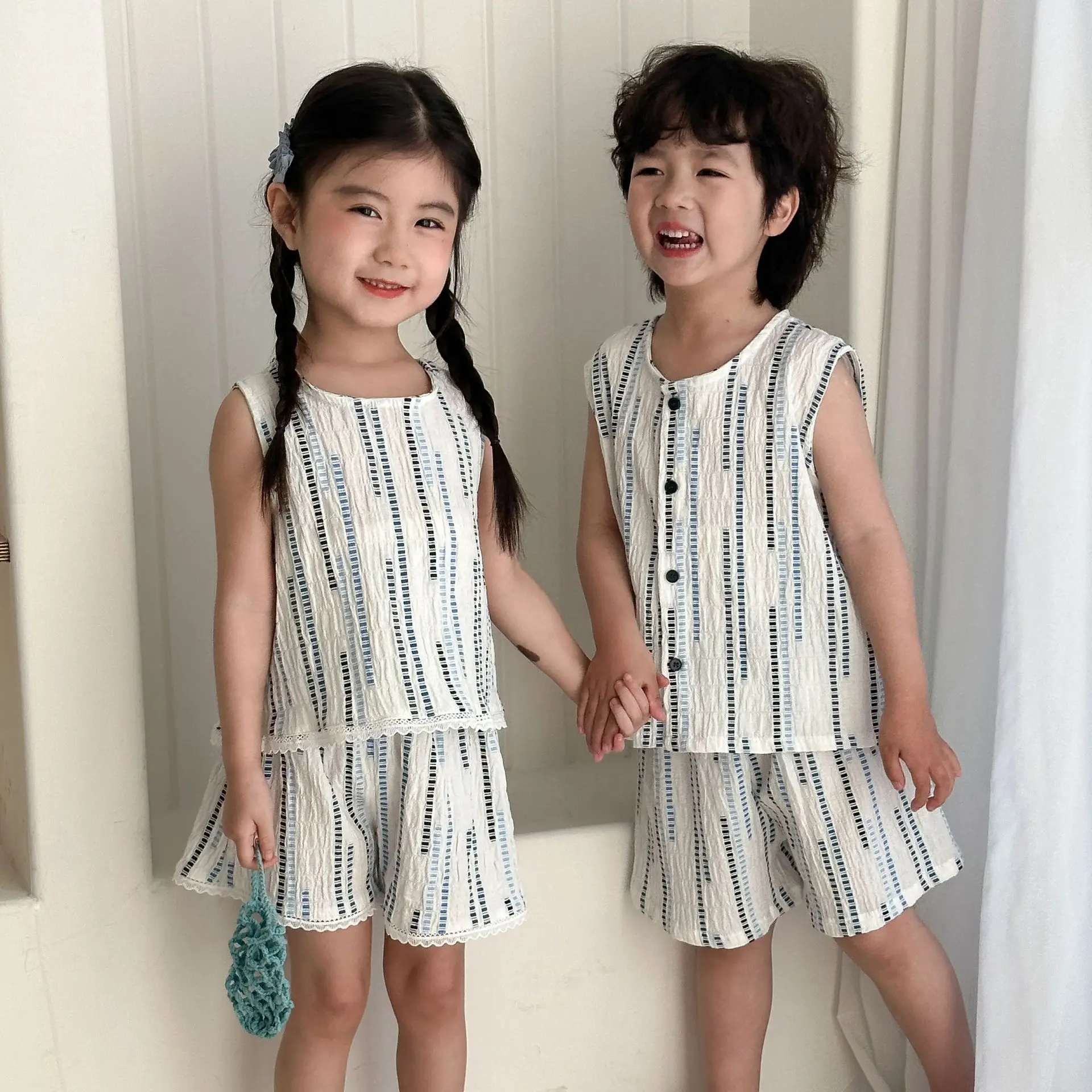 

2025 Summer New Children Sleeveless Clothes Set Boys Girls Cotton Striped Vest + Shorts 2pcs Suit Kids Brother Sister Outfits