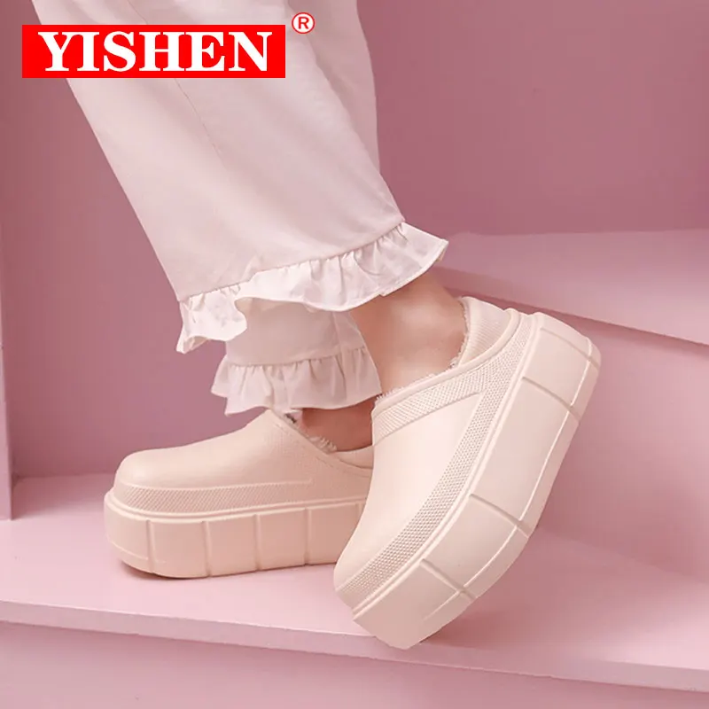 YISHEN-Zapatillas De plataforma impermeables para Mujer, calzado cálido De felpa, toboganes sólidos, zapatos gruesos para interiores y dormitorios, Invierno