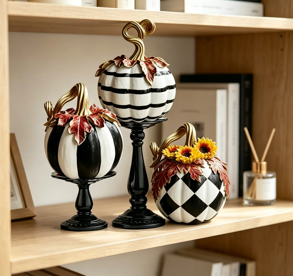 Black White Stripe Check Resin Pumpkin Figurine Set Fall Harvest Sunflower Maple Leaf Decor Halloween Tabletop Centerpiece Home