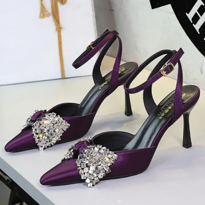 Women European Fashion Single Strap Rhinestone Bow Pointed Thin Stiletto Sexy Evening Banquet Formal Dress Sandals Fashion