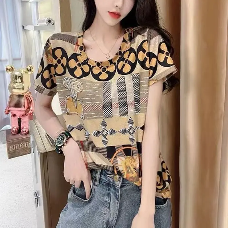 Women\'s Clothing Casual Letter T-shirt Summer Short Sleeve Fashion Diamonds Printed Commute Korean Round Neck Straight Pullovers