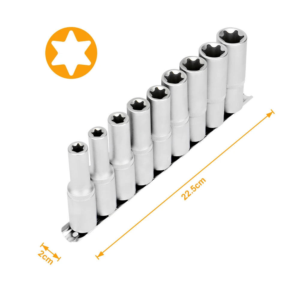 Hoteche 9 قطعة 1/2 "دكتور E نوع مقبس عميق 50Bv30 ، متعدد المواصفات E10-E24 مآخذ إصلاح السيارات لأداة ميكانيكي السيارة
