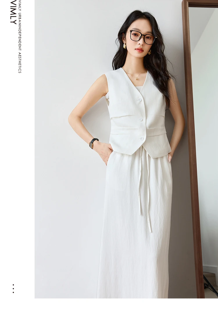 VIMLY Elegant 2 Piece Skirt Sets 2025 Woman Outfit Women Summer Suit New in Matching Sets White Waistcoat + Long Skirt M9602