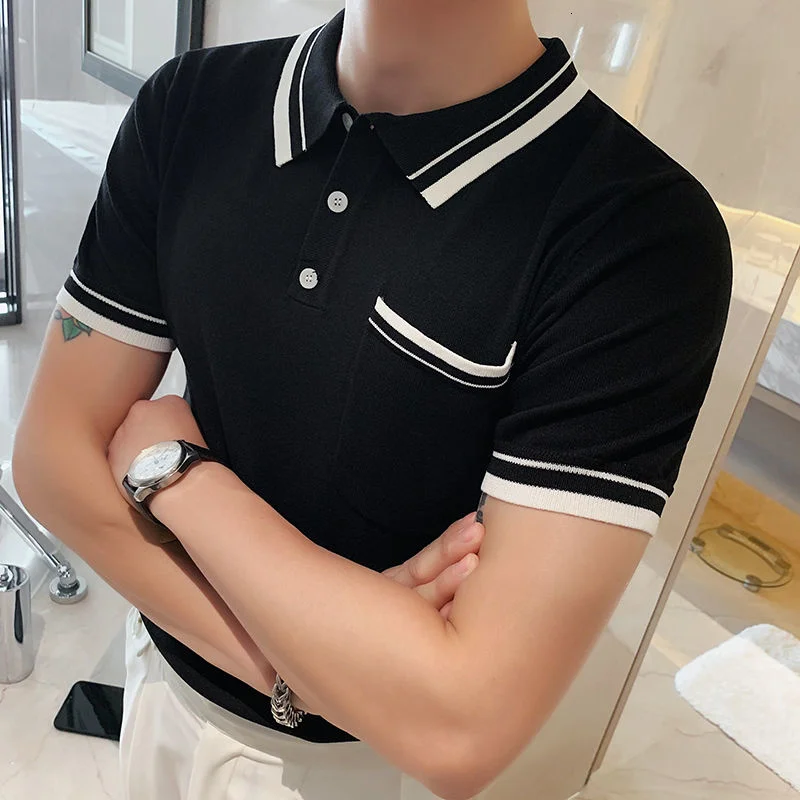 Summer 2022 Short Sleeve Polo Shirt Men Slim Fit Polo Shirt High Quality Breathable Polos Para Hombre Knitted Stripe Polo Shirt