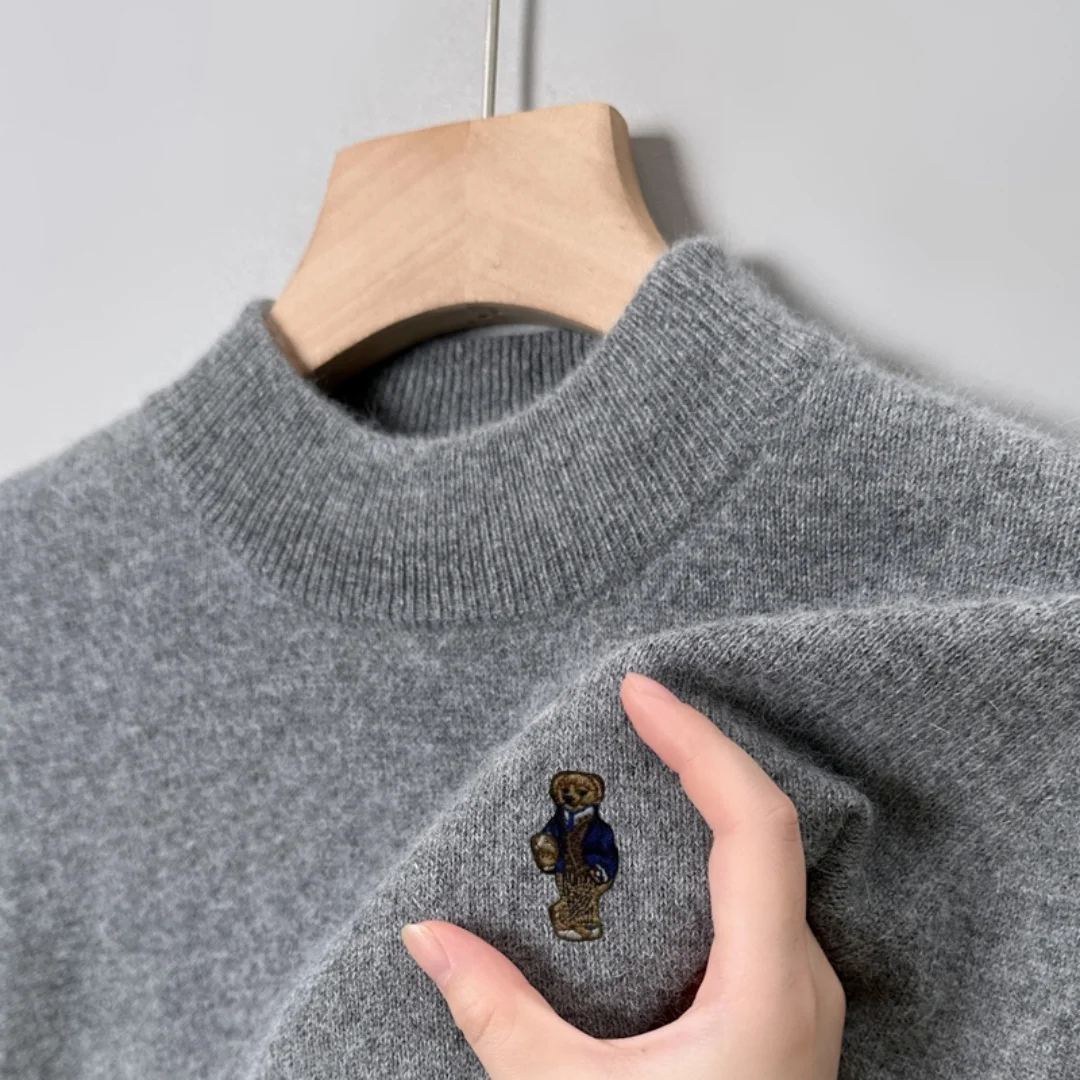 

Hot Sales Brand Luxury Men's Knit Sweater Mock Neck Bear Embroidery Thicken Pullover Autumn Winter Soft Warm Business Men's Wear