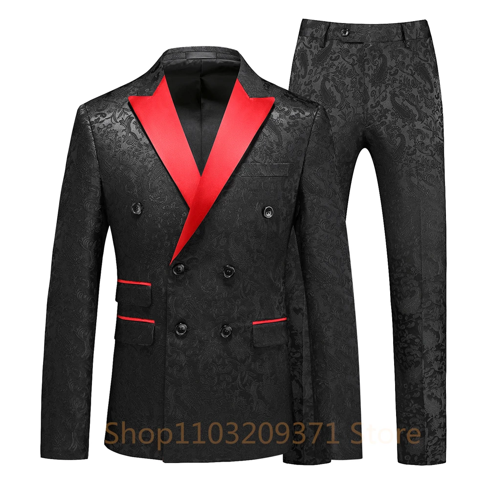 Floral Suits for Men Slim Fit Jacquard Wedding Tuxedo Black and Red Gentleman Jacket with Vest Pant 3 Pcs 2024