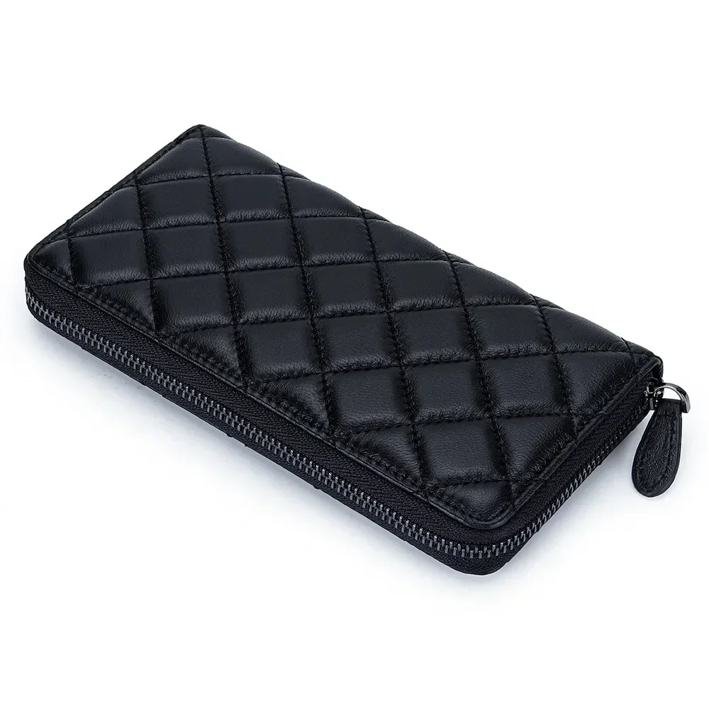 Dompet Kulit Wanita Panjang Kapasitas Besar Fashion Kulit Domba Bordir Berlian Periksa Ritsleting Dompet Tas Ponsel