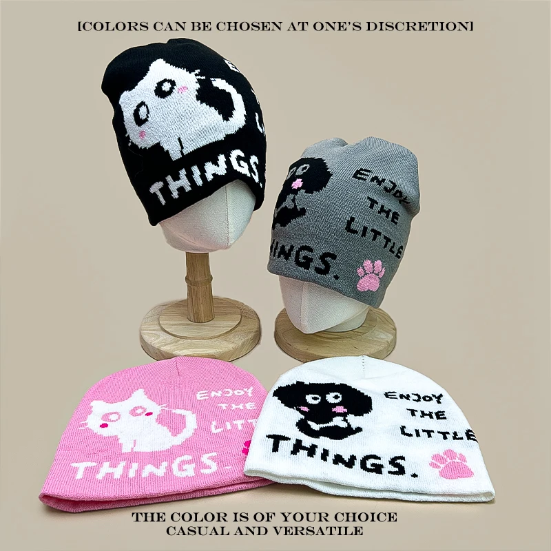 따뜻한 캐주얼 패션 야외 비니 귀여운 다용도 한국 신상 남녀 공용 만화 자카드 고양이 강아지 발자국 글자 니트 모자