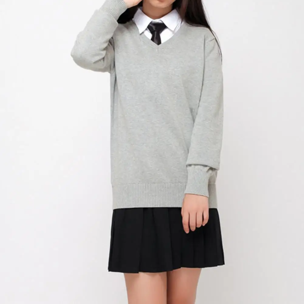 Women Ribbed Hem Sweater Knitting V-neck with Ribbed Hem Cuff Long Sleeve Regular Jumper Tops for Autumn Winter