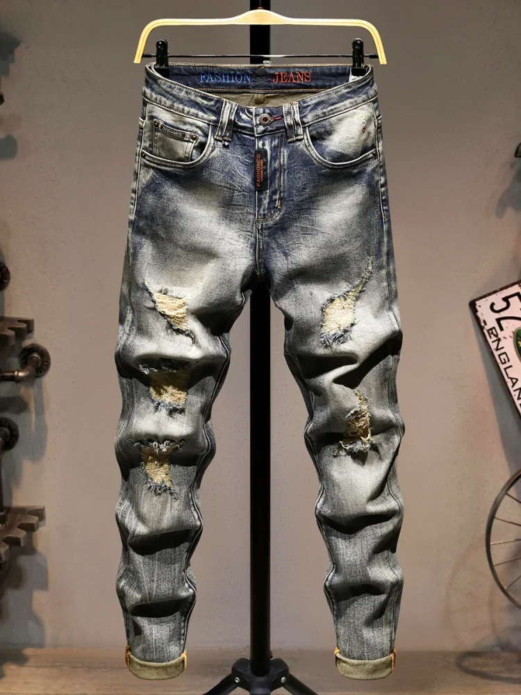 

Мужские модные рваные джинсы слим-фит из эластичного денима, прямые, американского кроя, из плотного хлопка, стрейч-деним