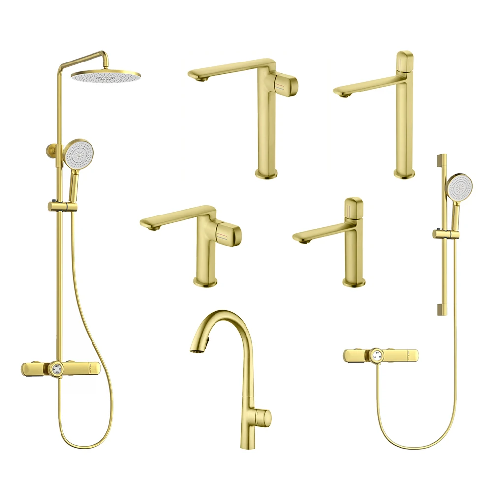 

Modern Brushed Gold Bathroom Kitchen Faucets Full Set Brass Water Taps Mixer Smart Thermostatic Shower Set Washbasin Sink Faucet