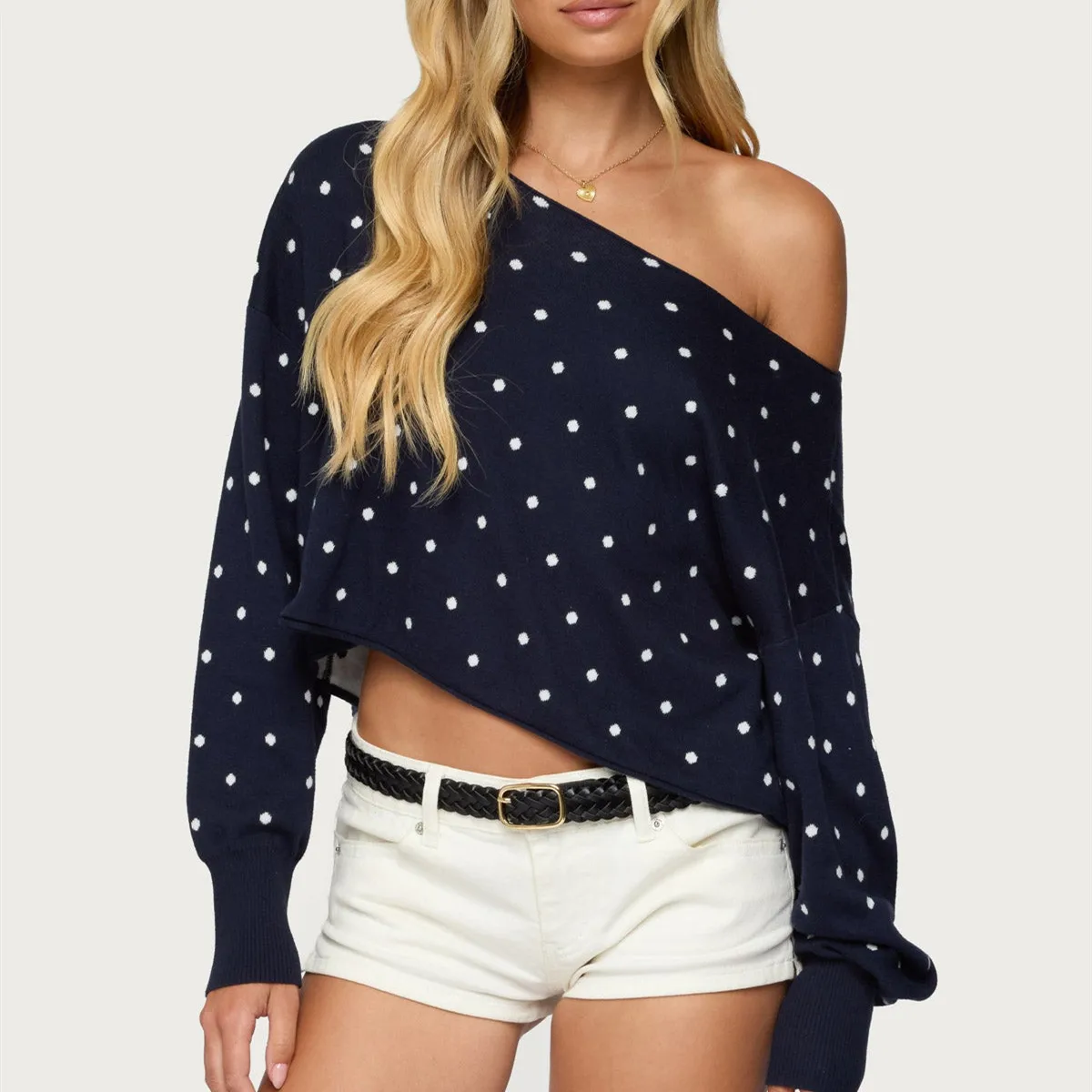 

Sexy Women Off Shoulder Sweater Polka Dot Long Batwing Sleeve Oversized Knit Pullover Fall Y2k Cute Loose Cropped Tops