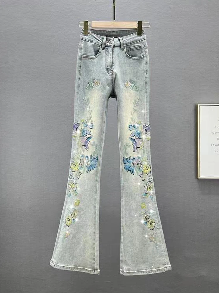 

Slim Fit Denim Flared Pants 2025 Spring Autumn New Fashion Casual Women Pants Vintage High Waist Jeans For Women