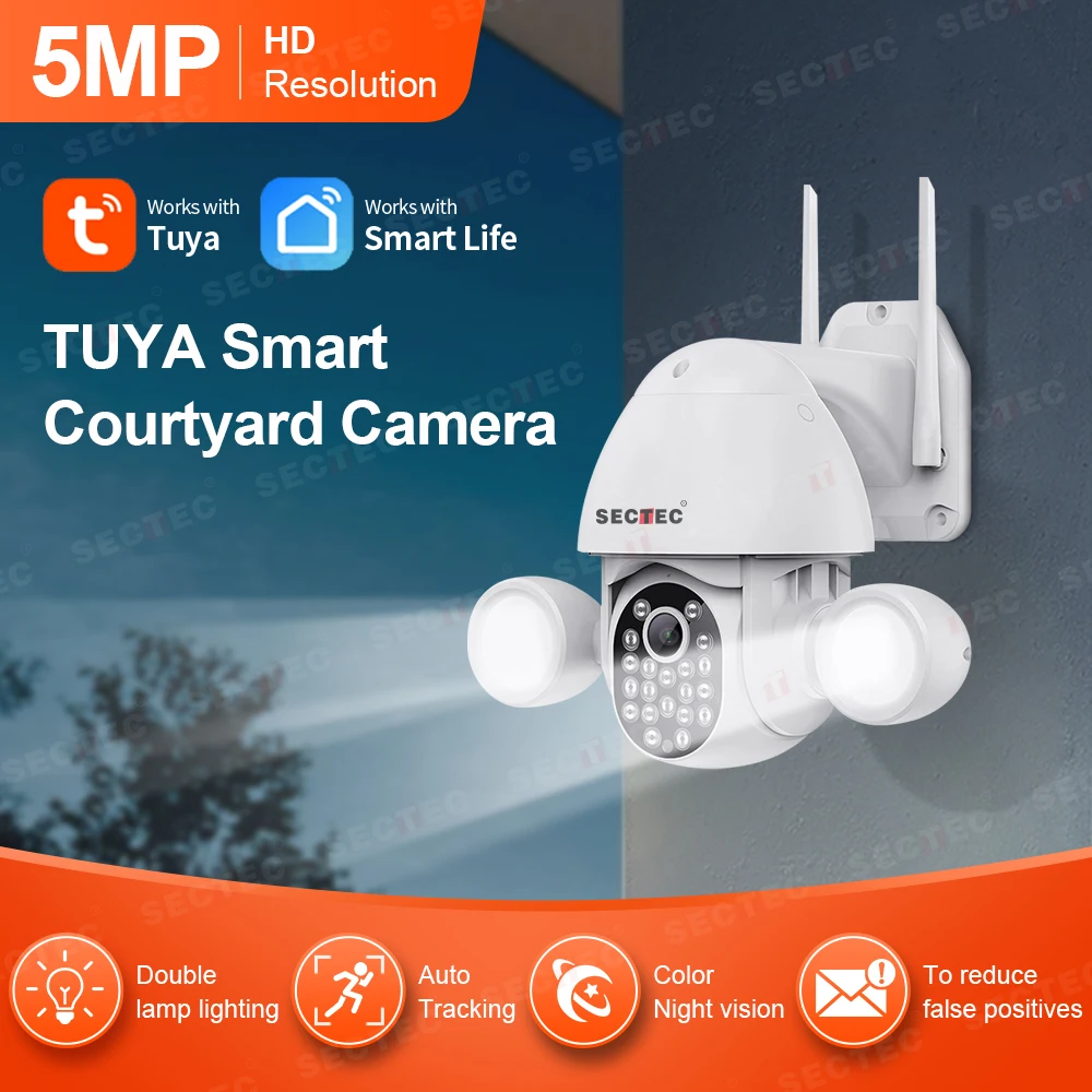 

TUYA Smart Courtyard Camera SECTEC 5MP PTZ Double Lamp Lighting Two-way Voice Wifi CCTV Cloud Storage Outdoor Mini Security Cam