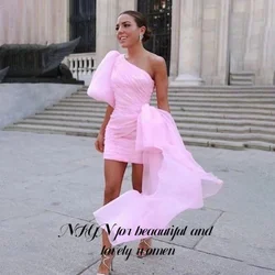 NFYN Pink Elegant Prom Dress One-Shoulder Sleeve Backless Prom Gown Mini Skirt Evening Dresses with Trailing 프롬 드레스 Customized